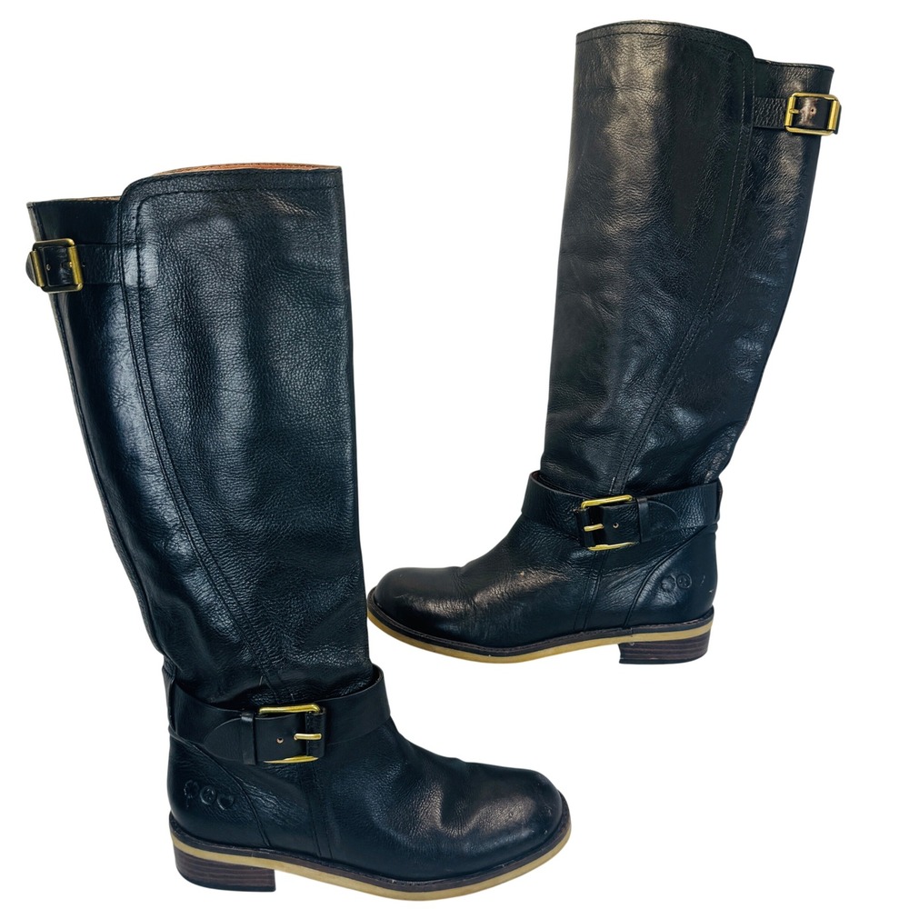 Lucky Brand Black Leather‎ Riding Boots Women's 7.5 Tall Buckle Moto Chic Grunge